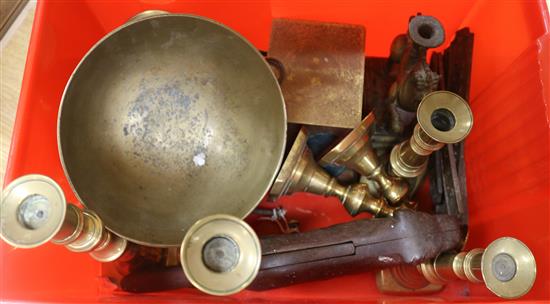 A quantity of brassware to include three pairs candlesticks, a set of post office scales and weights, etc.